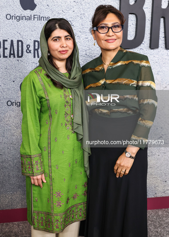 Malala Yousafzai and Sahra Mani arrive at the Los Angeles Premiere Of Apple Original Films' 'Bread And Roses' held at the Hammer Museum on N...