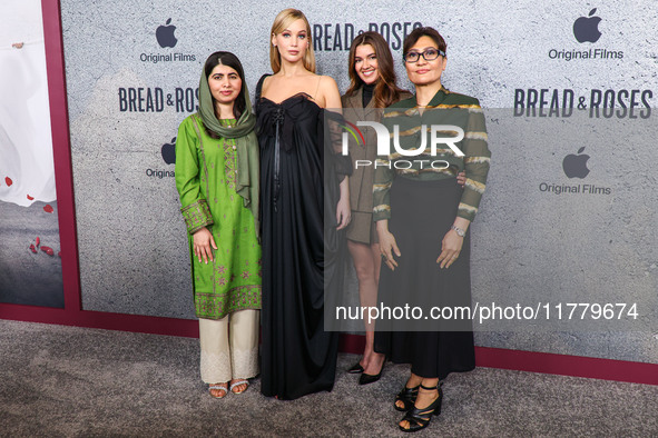 Malala Yousafzai, Jennifer Lawrence, Justine Ciarrocchi and Sahra Mani arrive at the Los Angeles Premiere Of Apple Original Films' 'Bread An...