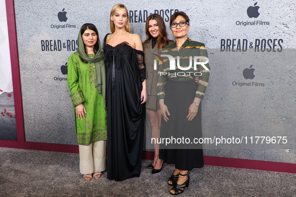 Malala Yousafzai, Jennifer Lawrence, Justine Ciarrocchi and Sahra Mani arrive at the Los Angeles Premiere Of Apple Original Films' 'Bread An...