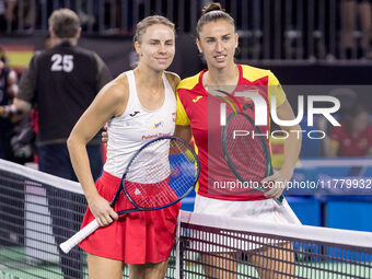 Magda Linette , Sara Sorribes Tormo  during Billie Jean King Cup Finals match Spain vs Poland in Malaga Spain on 15 November 2024. (