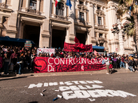 In Rome, Italy, on November 15, 2024, students participate in a demonstration against Giorgia Meloni and the government, calling for an end...