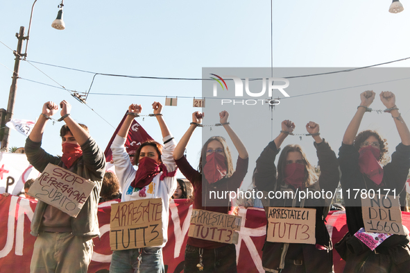 In Rome, Italy, on November 15, 2024, students participate in a demonstration against Giorgia Meloni and the government, calling for an end...