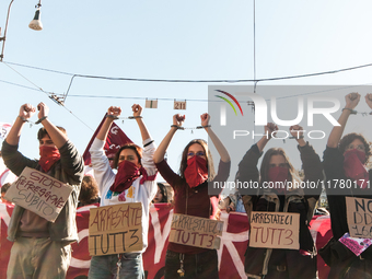 In Rome, Italy, on November 15, 2024, students participate in a demonstration against Giorgia Meloni and the government, calling for an end...