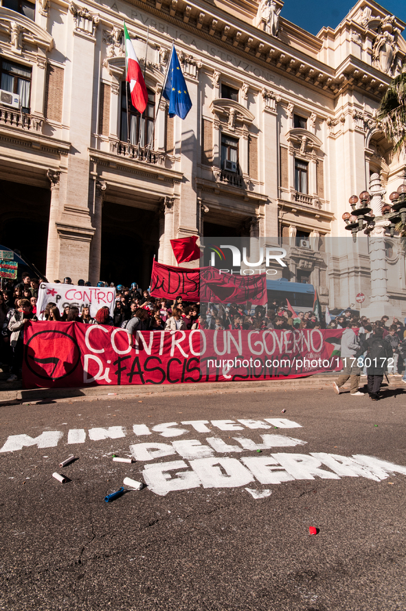 In Rome, Italy, on November 15, 2024, students participate in a demonstration against Giorgia Meloni and the government, calling for an end...