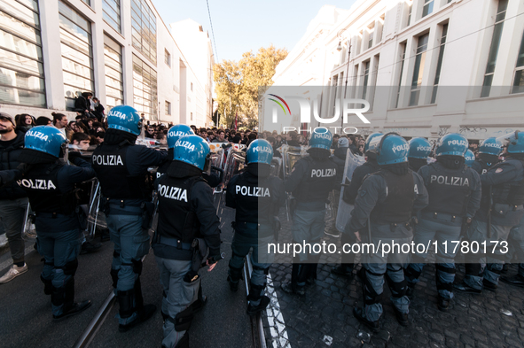 In Rome, Italy, on November 15, 2024, students participate in a demonstration against Giorgia Meloni and the government, calling for an end...