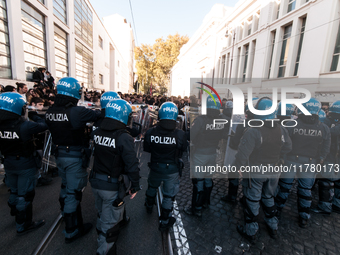 In Rome, Italy, on November 15, 2024, students participate in a demonstration against Giorgia Meloni and the government, calling for an end...