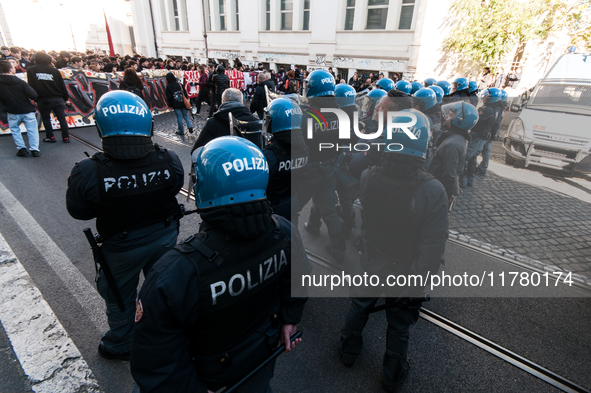 In Rome, Italy, on November 15, 2024, students participate in a demonstration against Giorgia Meloni and the government, calling for an end...