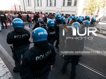 In Rome, Italy, on November 15, 2024, students participate in a demonstration against Giorgia Meloni and the government, calling for an end...