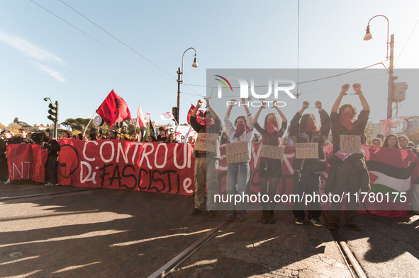 In Rome, Italy, on November 15, 2024, students participate in a demonstration against Giorgia Meloni and the government, calling for an end...