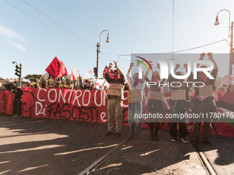 In Rome, Italy, on November 15, 2024, students participate in a demonstration against Giorgia Meloni and the government, calling for an end...