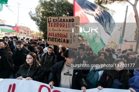 In Rome, Italy, on November 15, 2024, students participate in a demonstration against Giorgia Meloni and the government, calling for an end...