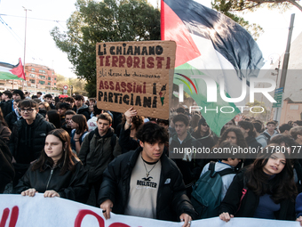 In Rome, Italy, on November 15, 2024, students participate in a demonstration against Giorgia Meloni and the government, calling for an end...