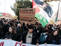 In Rome, Italy, on November 15, 2024, students participate in a demonstration against Giorgia Meloni and the government, calling for an end...