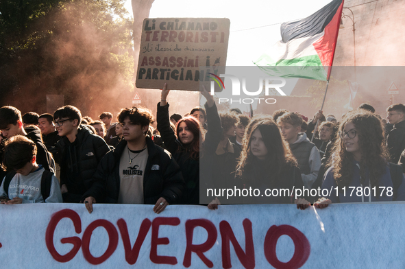 In Rome, Italy, on November 15, 2024, students participate in a demonstration against Giorgia Meloni and the government, calling for an end...