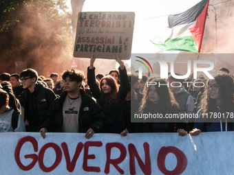 In Rome, Italy, on November 15, 2024, students participate in a demonstration against Giorgia Meloni and the government, calling for an end...