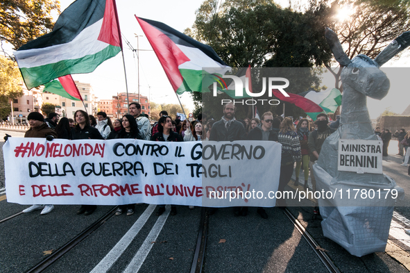 In Rome, Italy, on November 15, 2024, students participate in a demonstration against Giorgia Meloni and the government, calling for an end...