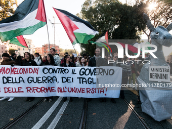 In Rome, Italy, on November 15, 2024, students participate in a demonstration against Giorgia Meloni and the government, calling for an end...