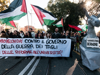 In Rome, Italy, on November 15, 2024, students participate in a demonstration against Giorgia Meloni and the government, calling for an end...