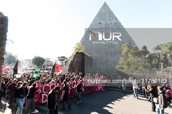 In Rome, Italy, on November 15, 2024, students participate in a demonstration against Giorgia Meloni and the government, calling for an end...