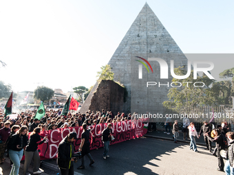 In Rome, Italy, on November 15, 2024, students participate in a demonstration against Giorgia Meloni and the government, calling for an end...