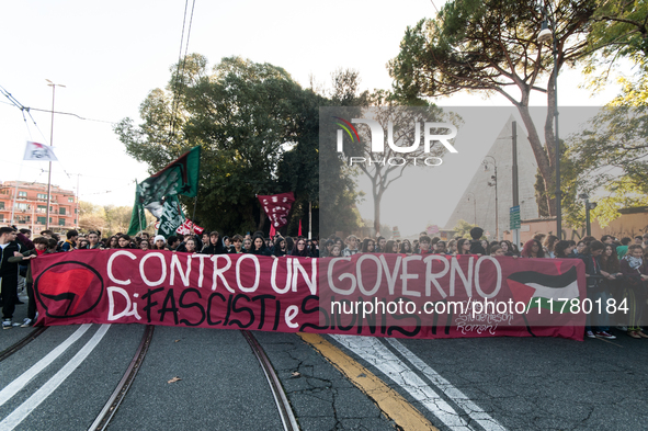 In Rome, Italy, on November 15, 2024, students participate in a demonstration against Giorgia Meloni and the government, calling for an end...