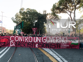 In Rome, Italy, on November 15, 2024, students participate in a demonstration against Giorgia Meloni and the government, calling for an end...