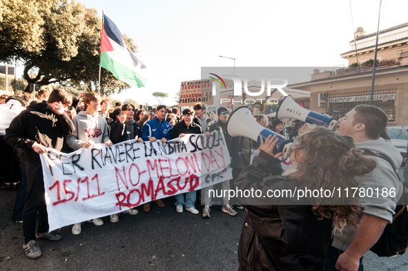 In Rome, Italy, on November 15, 2024, students participate in a demonstration against Giorgia Meloni and the government, calling for an end...