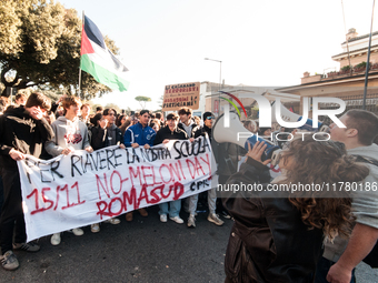 In Rome, Italy, on November 15, 2024, students participate in a demonstration against Giorgia Meloni and the government, calling for an end...