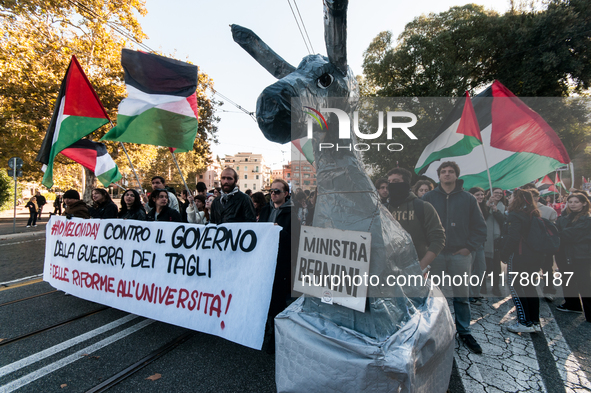 In Rome, Italy, on November 15, 2024, students participate in a demonstration against Giorgia Meloni and the government, calling for an end...