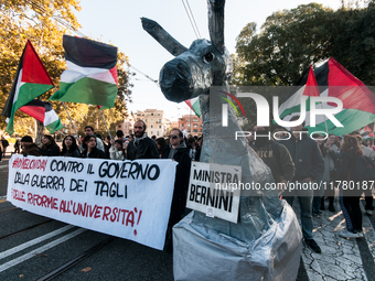 In Rome, Italy, on November 15, 2024, students participate in a demonstration against Giorgia Meloni and the government, calling for an end...