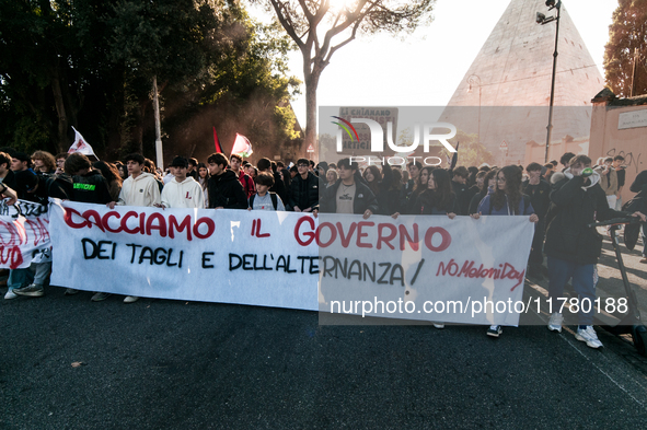 In Rome, Italy, on November 15, 2024, students participate in a demonstration against Giorgia Meloni and the government, calling for an end...