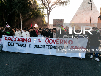 In Rome, Italy, on November 15, 2024, students participate in a demonstration against Giorgia Meloni and the government, calling for an end...