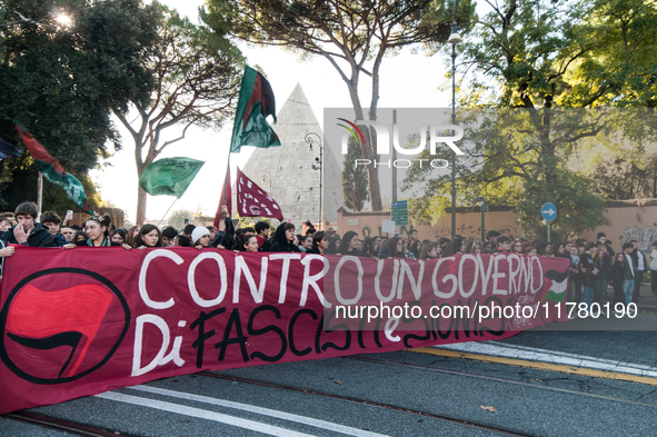 In Rome, Italy, on November 15, 2024, students participate in a demonstration against Giorgia Meloni and the government, calling for an end...