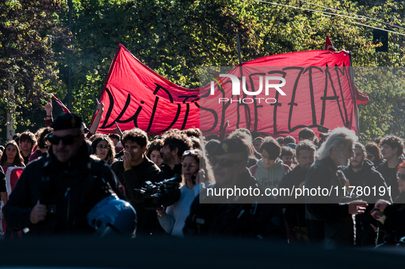 In Rome, Italy, on November 15, 2024, students participate in a demonstration against Giorgia Meloni and the government, calling for an end...