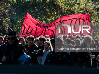 In Rome, Italy, on November 15, 2024, students participate in a demonstration against Giorgia Meloni and the government, calling for an end...