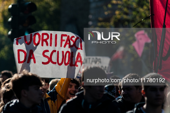 In Rome, Italy, on November 15, 2024, students participate in a demonstration against Giorgia Meloni and the government, calling for an end...