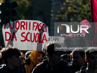 In Rome, Italy, on November 15, 2024, students participate in a demonstration against Giorgia Meloni and the government, calling for an end...