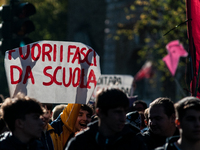 In Rome, Italy, on November 15, 2024, students participate in a demonstration against Giorgia Meloni and the government, calling for an end...