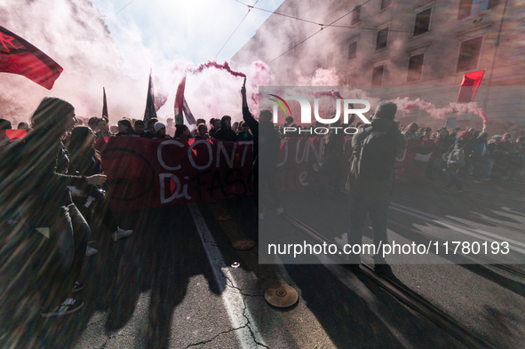 In Rome, Italy, on November 15, 2024, students participate in a demonstration against Giorgia Meloni and the government, calling for an end...