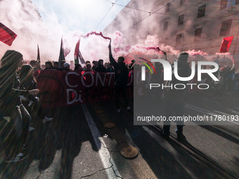 In Rome, Italy, on November 15, 2024, students participate in a demonstration against Giorgia Meloni and the government, calling for an end...