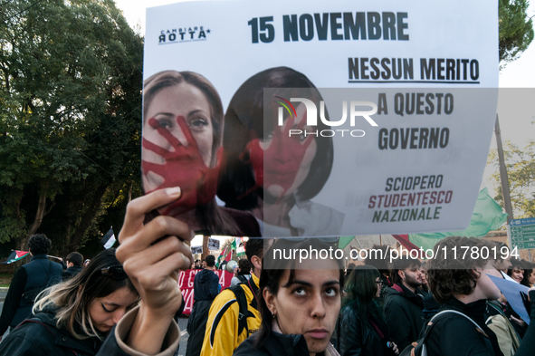 In Rome, Italy, on November 15, 2024, students participate in a demonstration against Giorgia Meloni and the government, calling for an end...