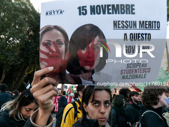 In Rome, Italy, on November 15, 2024, students participate in a demonstration against Giorgia Meloni and the government, calling for an end...