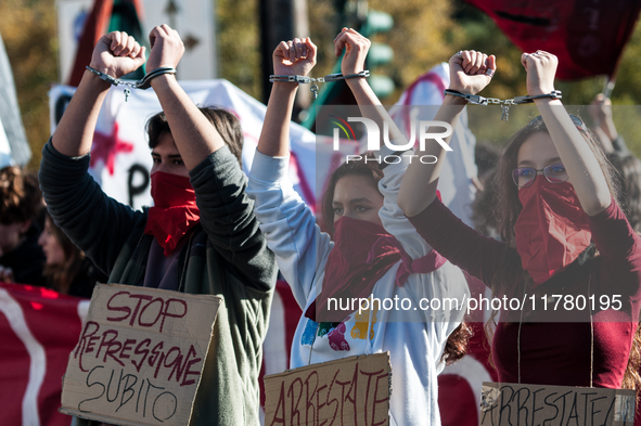 In Rome, Italy, on November 15, 2024, students participate in a demonstration against Giorgia Meloni and the government, calling for an end...