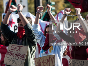 In Rome, Italy, on November 15, 2024, students participate in a demonstration against Giorgia Meloni and the government, calling for an end...