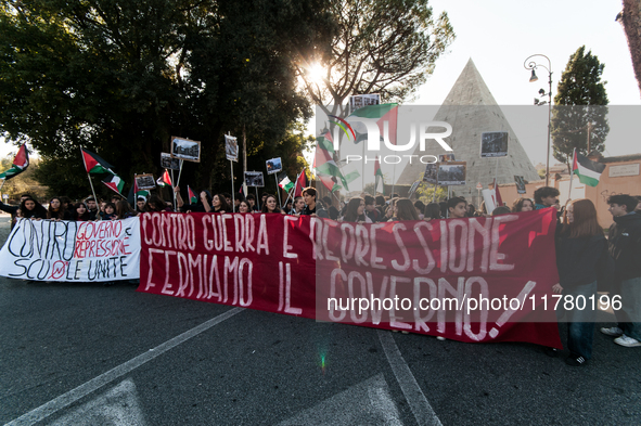 In Rome, Italy, on November 15, 2024, students participate in a demonstration against Giorgia Meloni and the government, calling for an end...