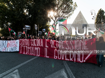 In Rome, Italy, on November 15, 2024, students participate in a demonstration against Giorgia Meloni and the government, calling for an end...