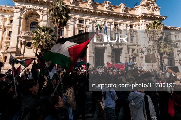 In Rome, Italy, on November 15, 2024, students participate in a demonstration against Giorgia Meloni and the government, calling for an end...