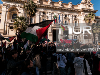 In Rome, Italy, on November 15, 2024, students participate in a demonstration against Giorgia Meloni and the government, calling for an end...