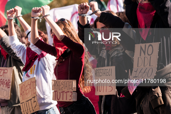 In Rome, Italy, on November 15, 2024, students participate in a demonstration against Giorgia Meloni and the government, calling for an end...