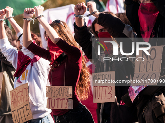 In Rome, Italy, on November 15, 2024, students participate in a demonstration against Giorgia Meloni and the government, calling for an end...